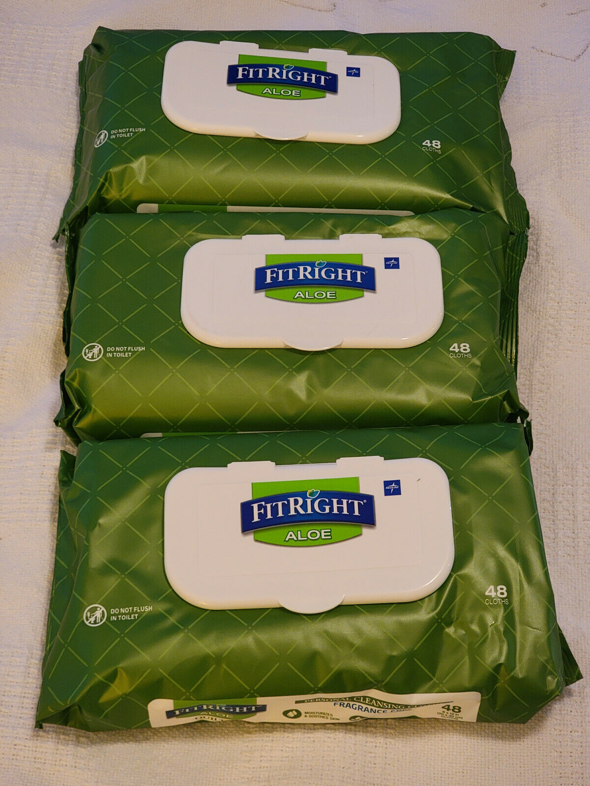Lot - 3 Fitright Aloe Quilted 48ct 8 X 12" Wipes Personal Cleansing Cloths